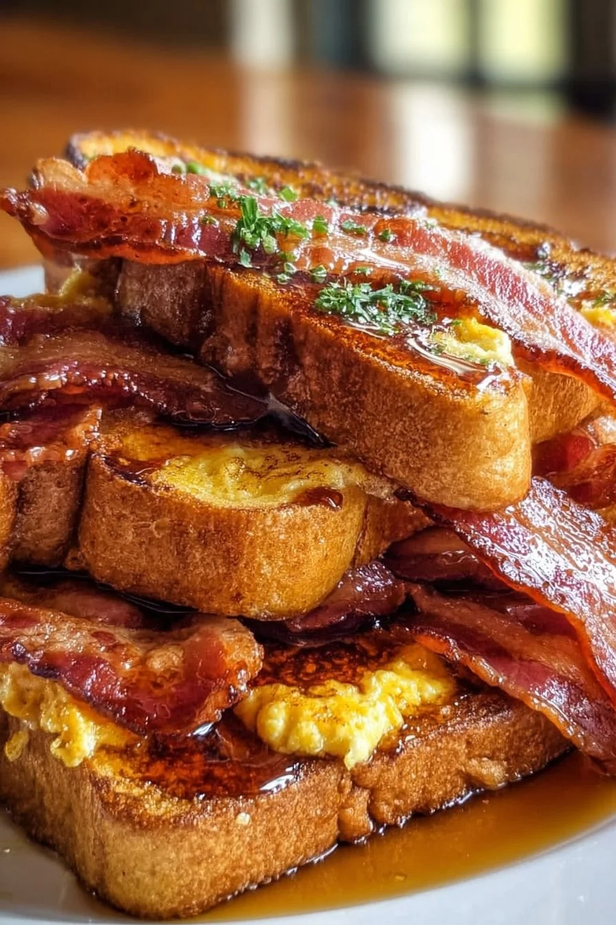 Delicious Bourbon-Maple Bacon French Toast served with syrup and crispy bacon
