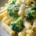 Boursin cheese pasta dish with broccoli topped with herbs