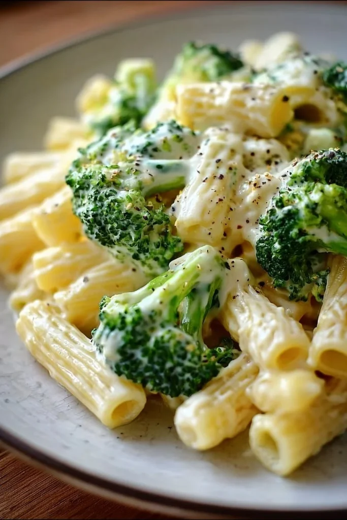 Boursin cheese pasta dish with broccoli topped with herbs