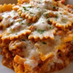 Bow tie pasta lasagna with cheese and vegetables in a baking dish