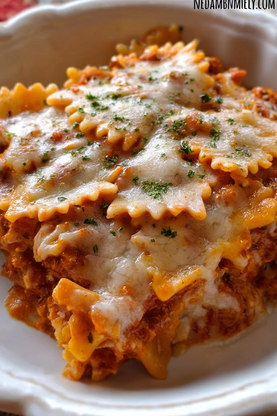 Bow tie pasta lasagna with cheese and vegetables in a baking dish