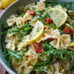 Bright and zesty lemon arugula pasta salad in a bowl with fresh ingredients