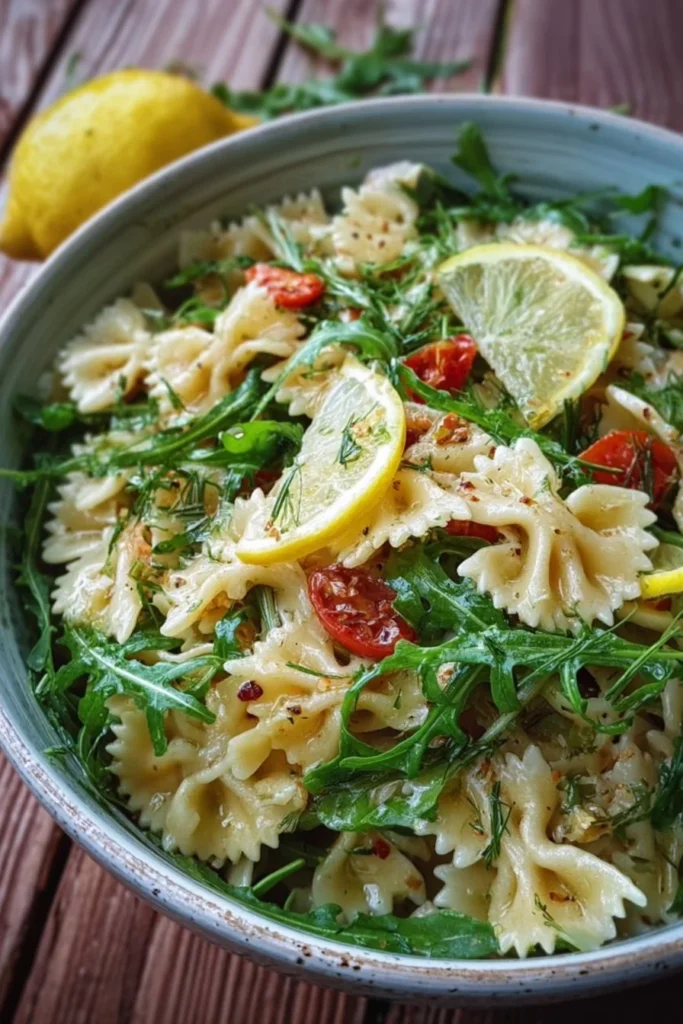 Bright and zesty lemon arugula pasta salad in a bowl with fresh ingredients