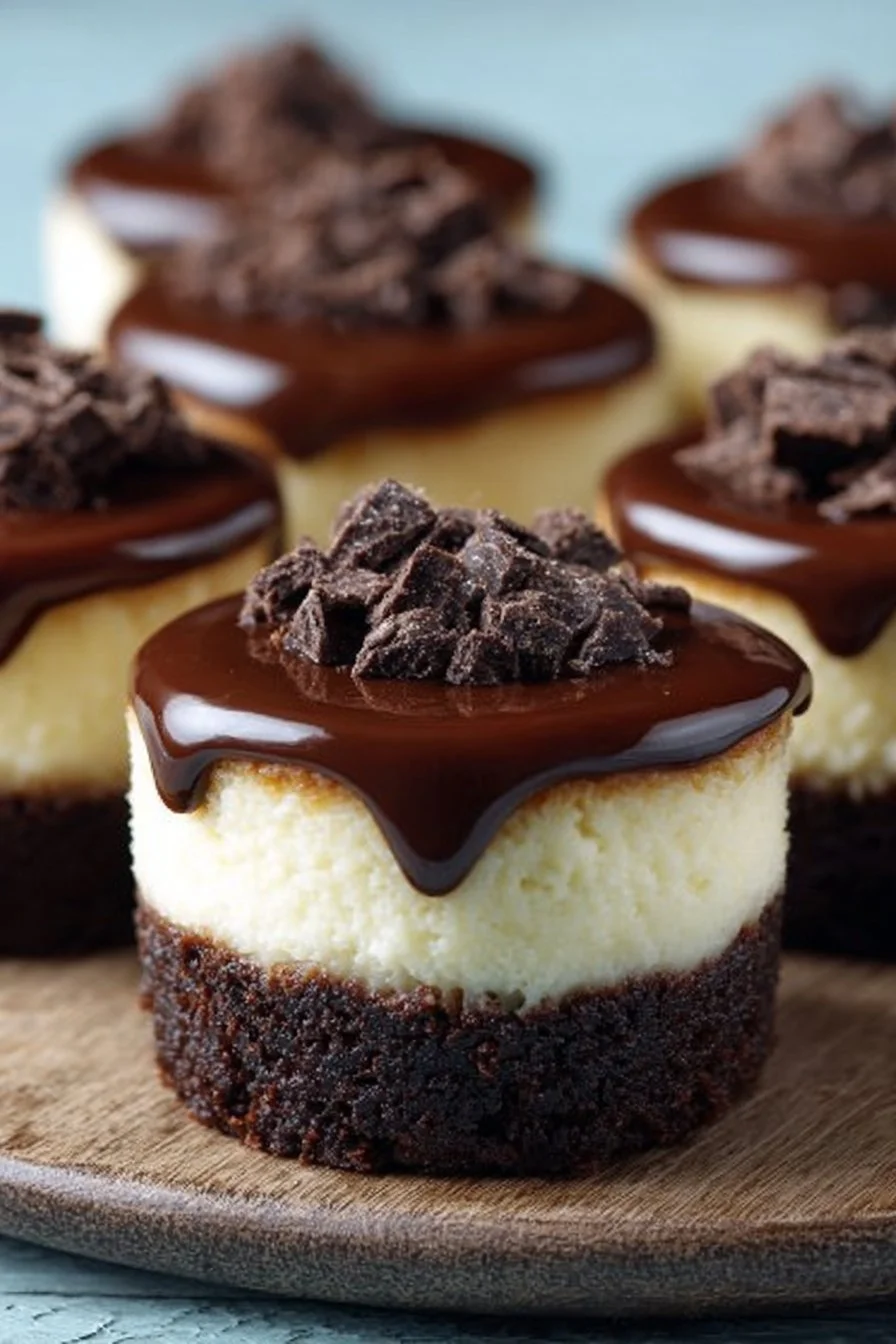 Delicious Brownie Bottom Mini Cheesecakes with creamy filling and brownie crust.