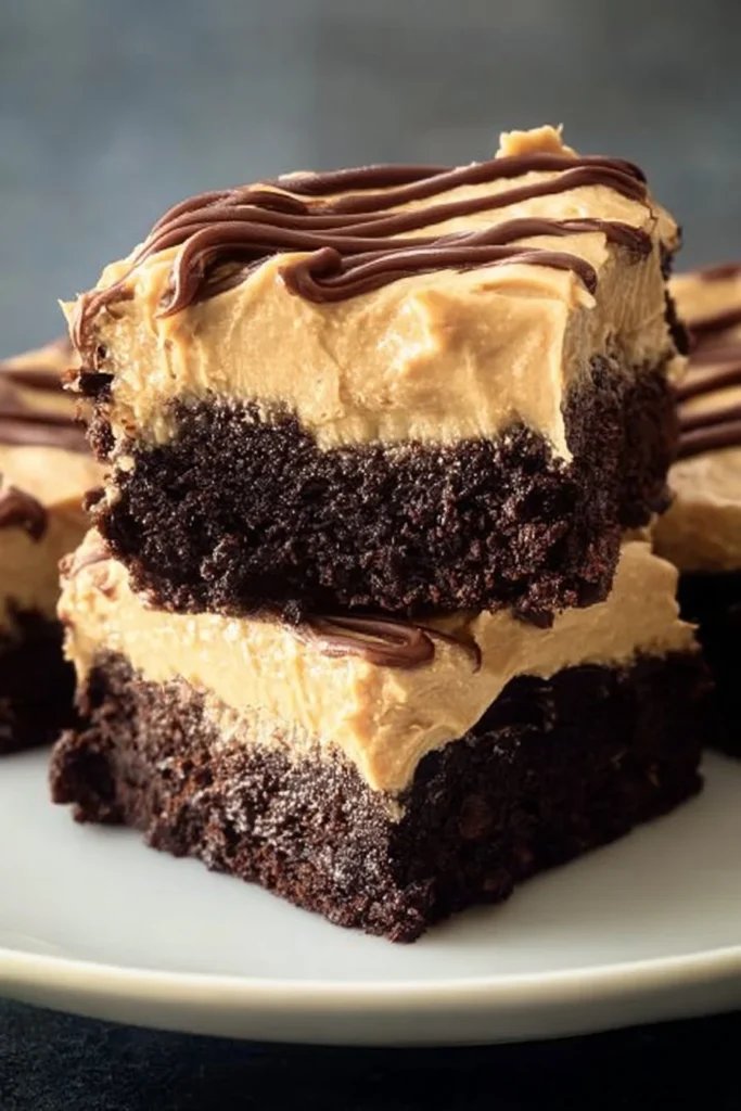 Brownies with creamy peanut butter frosting on top, served on a plate.