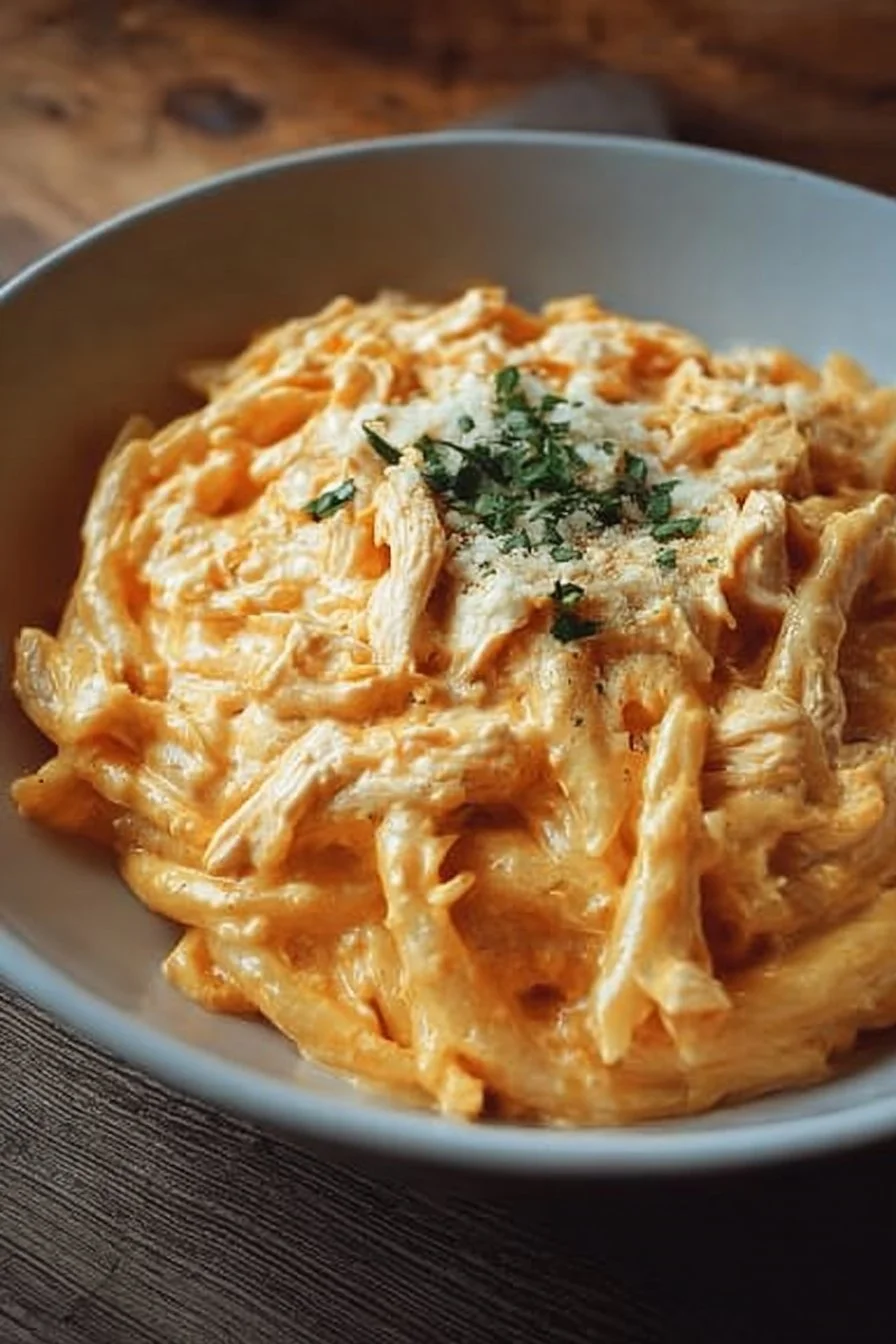 Delicious Buffalo Chicken Alfredo Pasta served in a creamy sauce