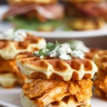 Buffalo Chicken Sliders with Blue Cheese on Waffles plated for a delicious meal
