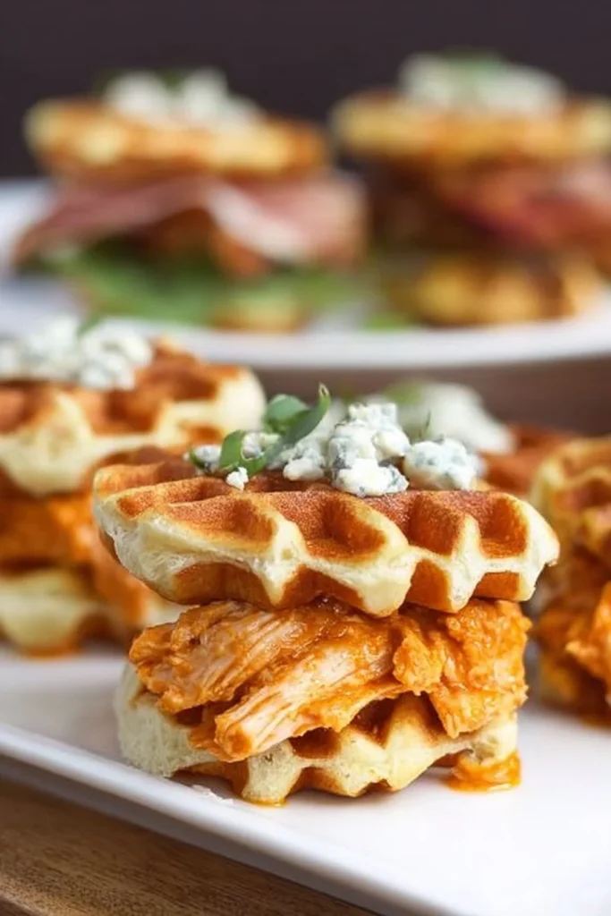 Buffalo Chicken Sliders with Blue Cheese on Waffles plated for a delicious meal