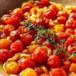 Burst cherry tomato pasta dish garnished with fresh basil and parmesan cheese