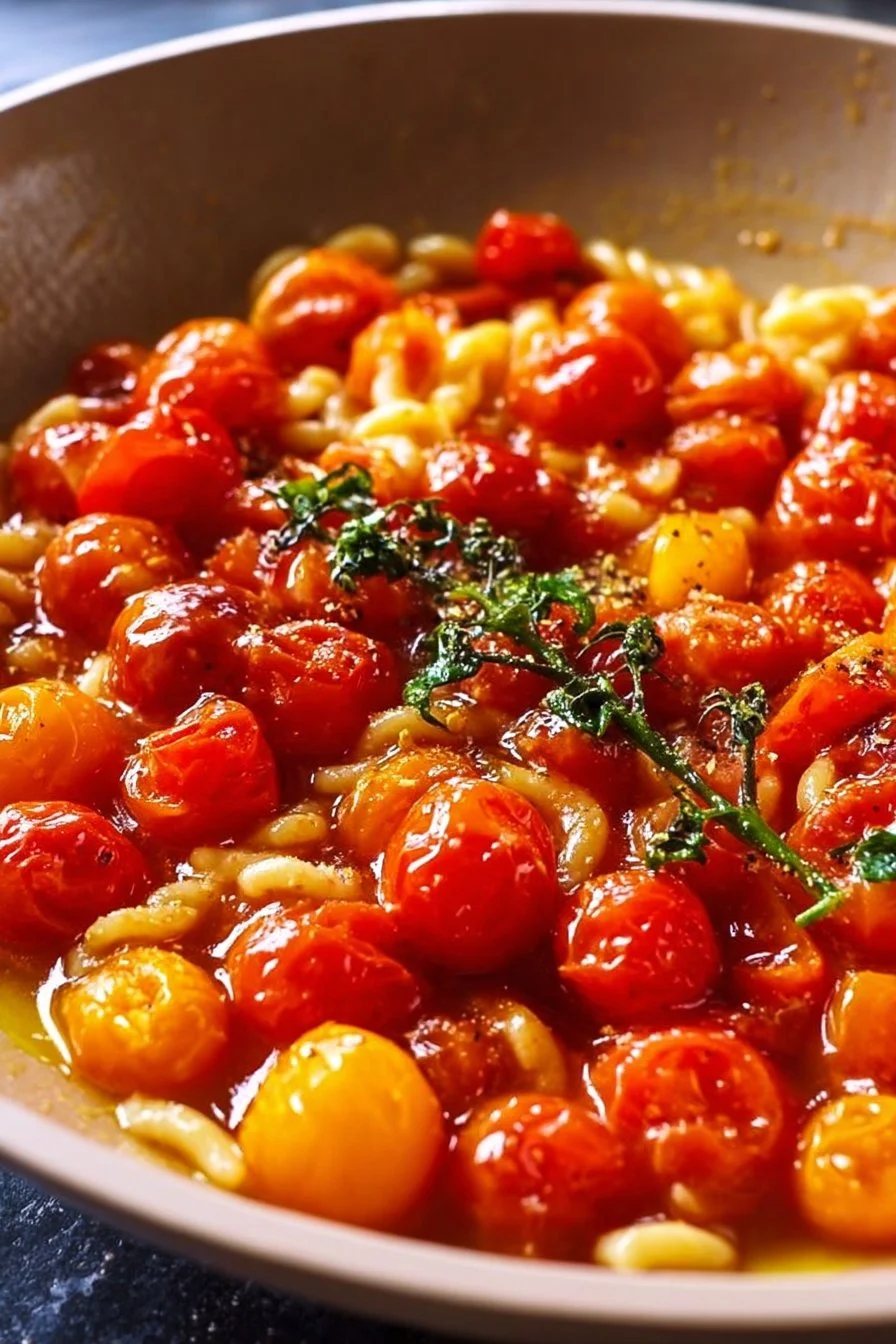 Burst cherry tomato pasta dish garnished with fresh basil and parmesan cheese