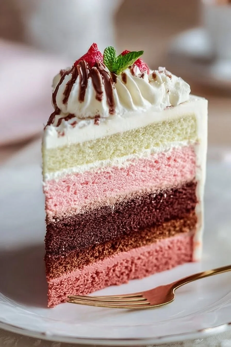 Delicious Neapolitan Cake with layers of chocolate, vanilla, and strawberry flavors.