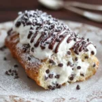 Delicious cannoli cake with creamy filling and chocolate chips decorating the top.