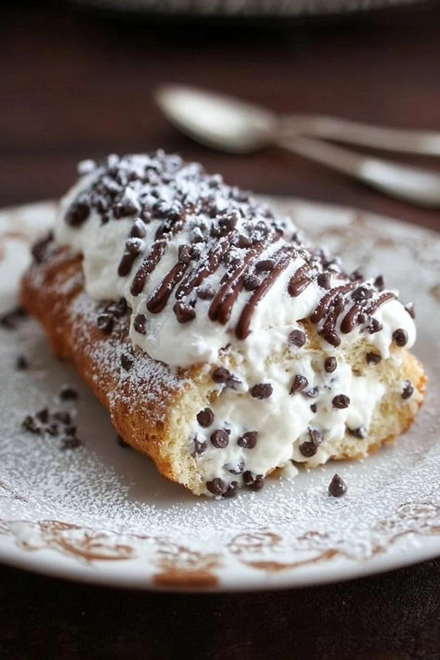 Delicious cannoli cake with creamy filling and chocolate chips decorating the top.