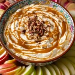 Delicious caramel apple cheesecake dip served with apple slices
