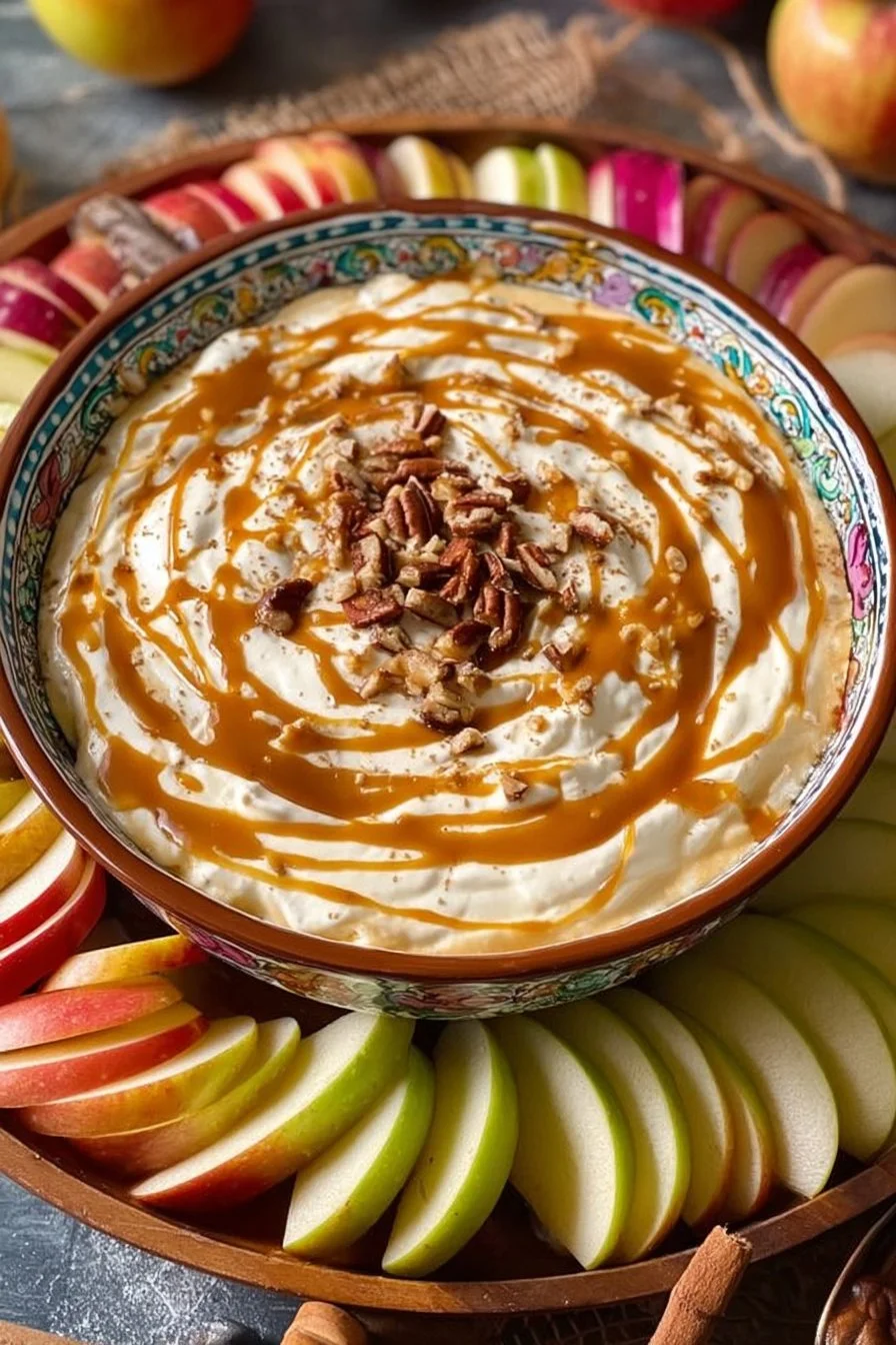 Delicious caramel apple cheesecake dip served with apple slices