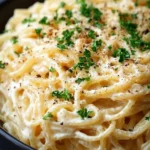 Delicious Cheesy Garlic Parmesan Spaghetti with Cream Cheese, topped with herbs