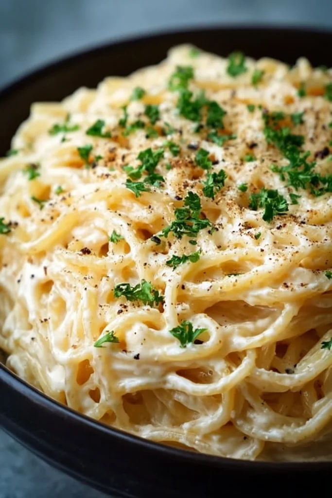 Delicious Cheesy Garlic Parmesan Spaghetti with Cream Cheese, topped with herbs