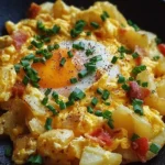 Cheesy potato egg scramble topped with fresh herbs in a skillet.