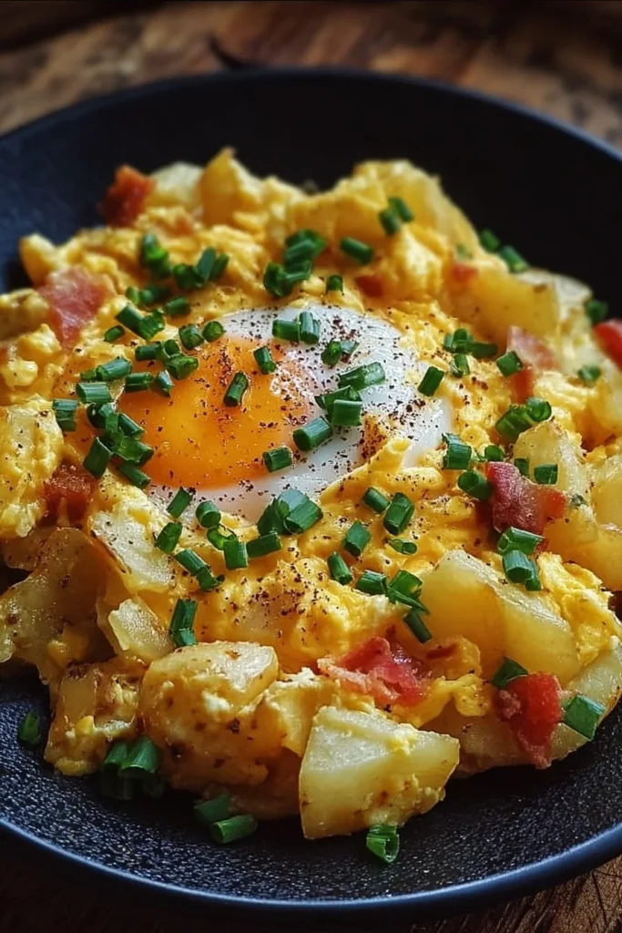 Cheesy potato egg scramble topped with fresh herbs in a skillet.