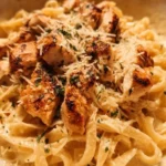 Creamy Chicken Alfredo pasta dish topped with parsley and grated cheese