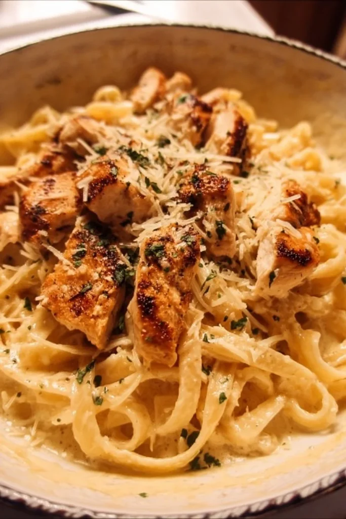 Creamy Chicken Alfredo pasta dish topped with parsley and grated cheese