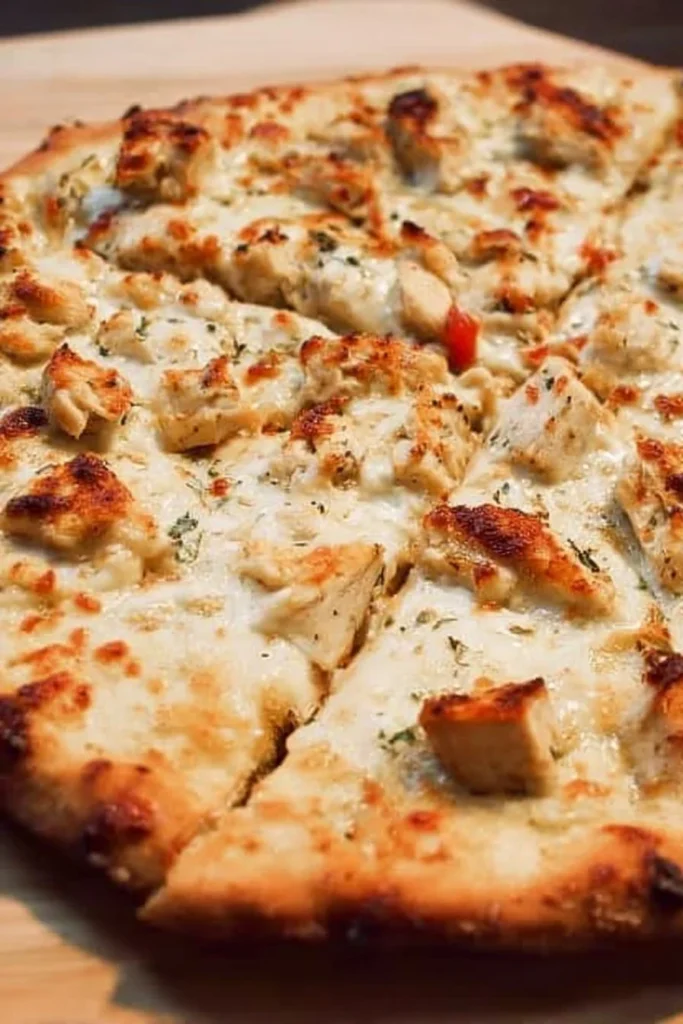 Delicious Chicken Alfredo Pizza topped with creamy sauce and grilled chicken
