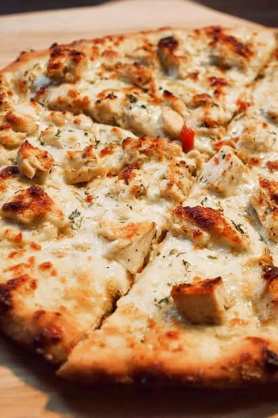 Delicious Chicken Alfredo Pizza topped with creamy sauce and grilled chicken