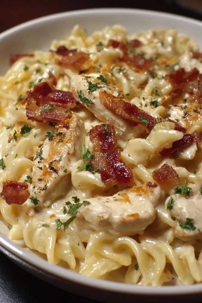 Creamy Chicken Bacon Ranch Pasta with crispy bacon and fresh herbs