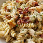 Creamy Chicken Bacon Ranch Pasta served in a bowl with herbs and bacon garnish.