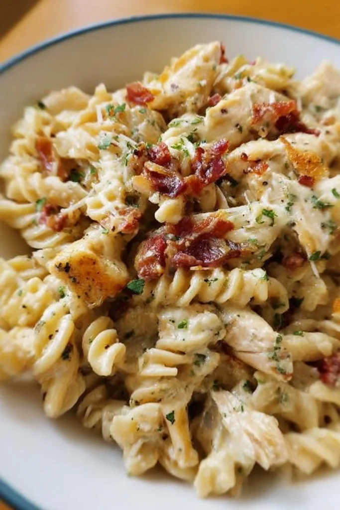 Creamy Chicken Bacon Ranch Pasta served in a bowl with herbs and bacon garnish.