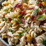 Delicious Chicken Bacon Ranch Pasta Salad with creamy dressing and fresh ingredients