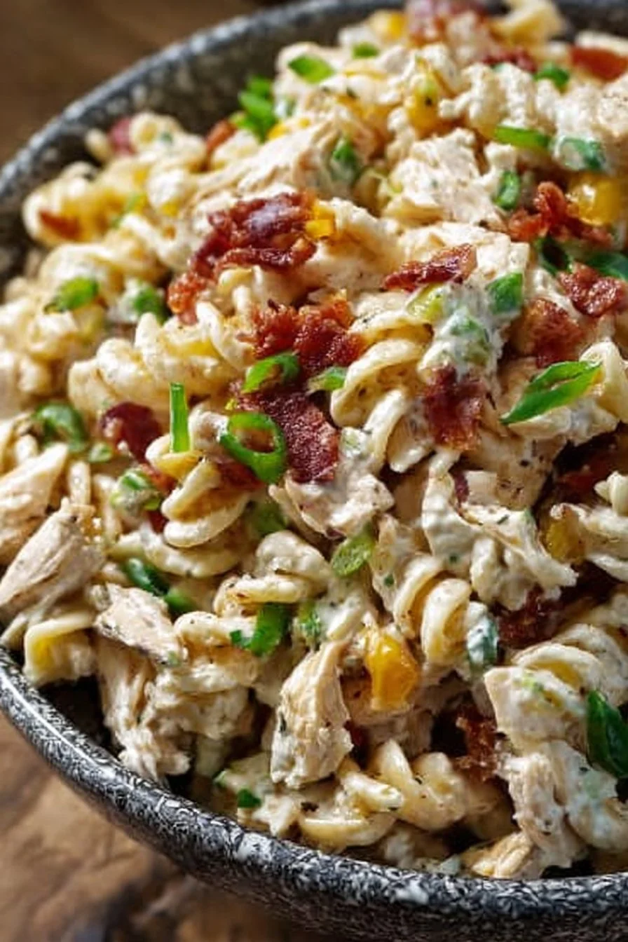 Delicious Chicken Bacon Ranch Pasta Salad with creamy dressing and fresh ingredients