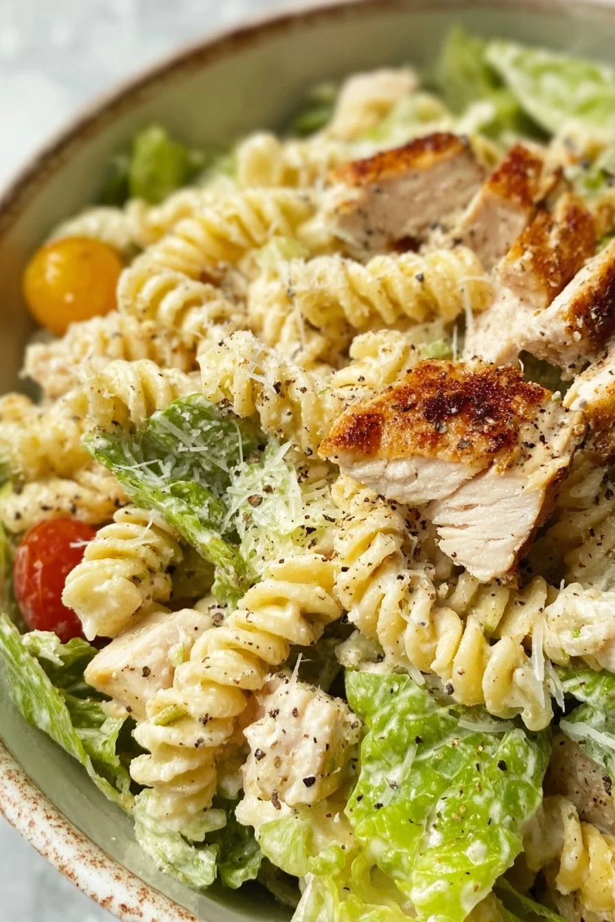Chicken Caesar Pasta Salad with grilled chicken and fresh greens