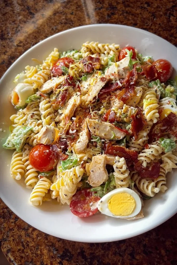 Delicious Chicken Cobb Pasta Salad served in a bowl with fresh ingredients