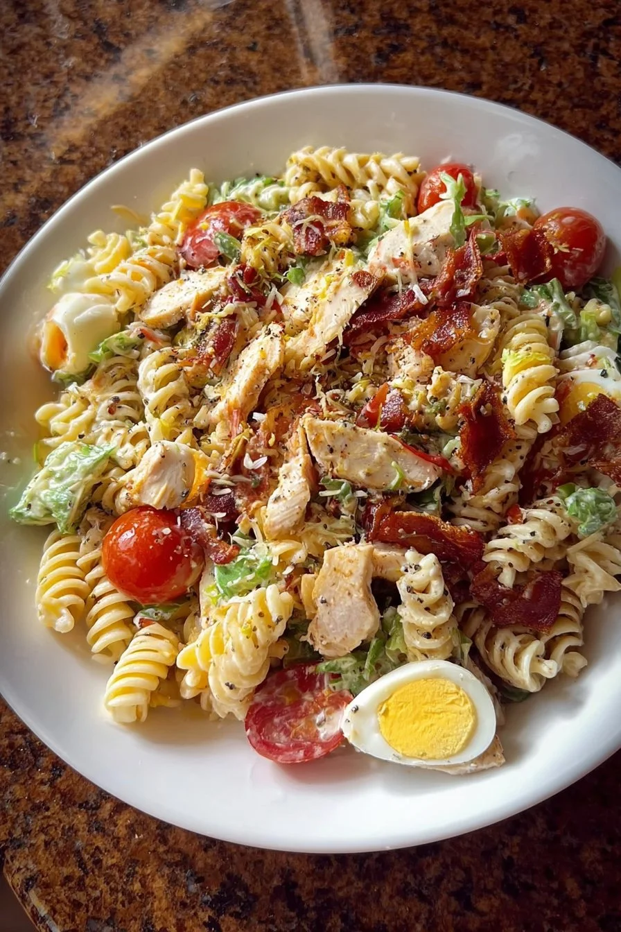 Delicious Chicken Cobb Pasta Salad served in a bowl with fresh ingredients