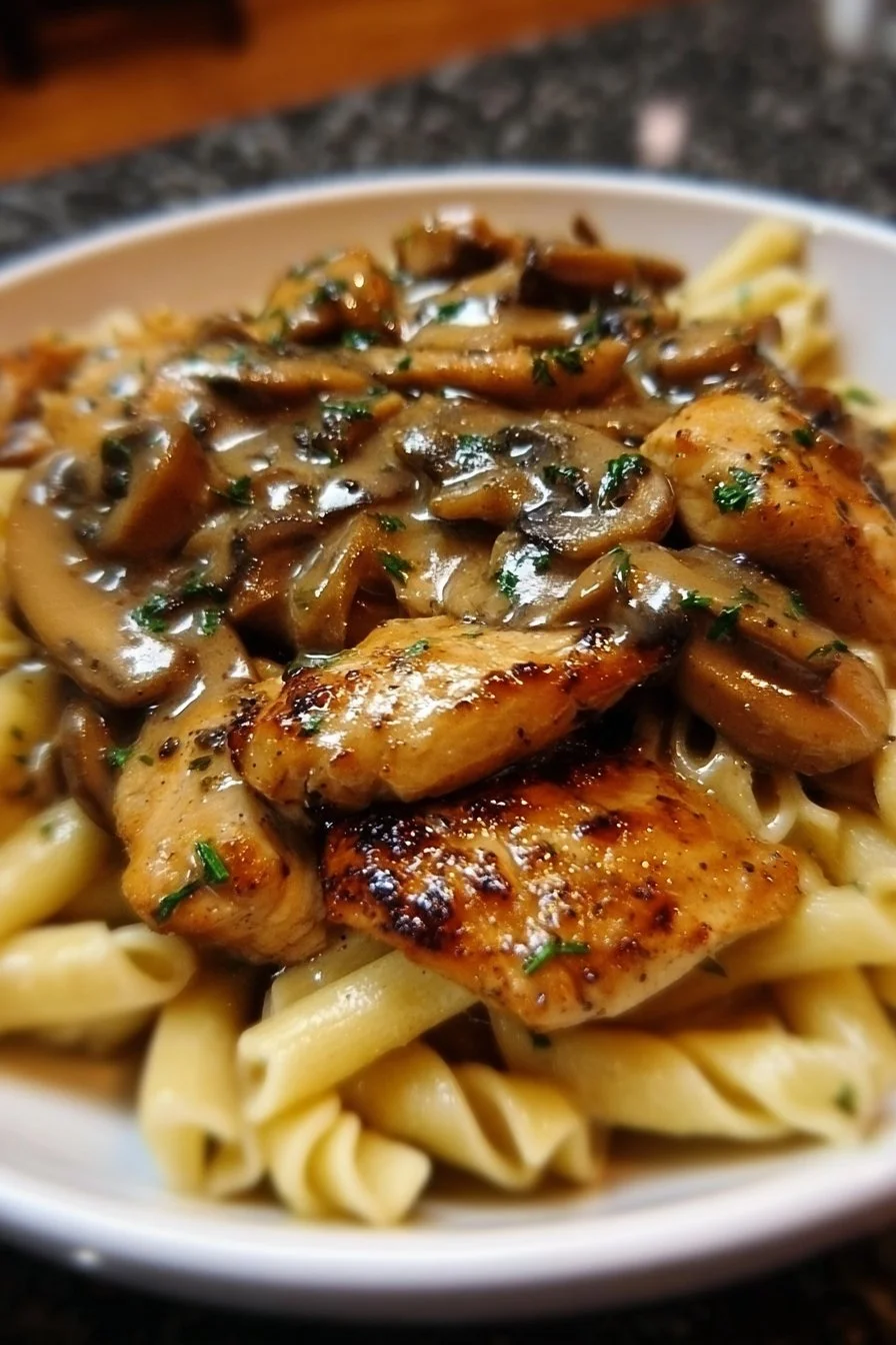 Plate of Chicken Marsala Pasta with mushrooms and herbs
