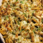 Delicious Chicken Pesto Pasta Bake topped with cheese and fresh herbs