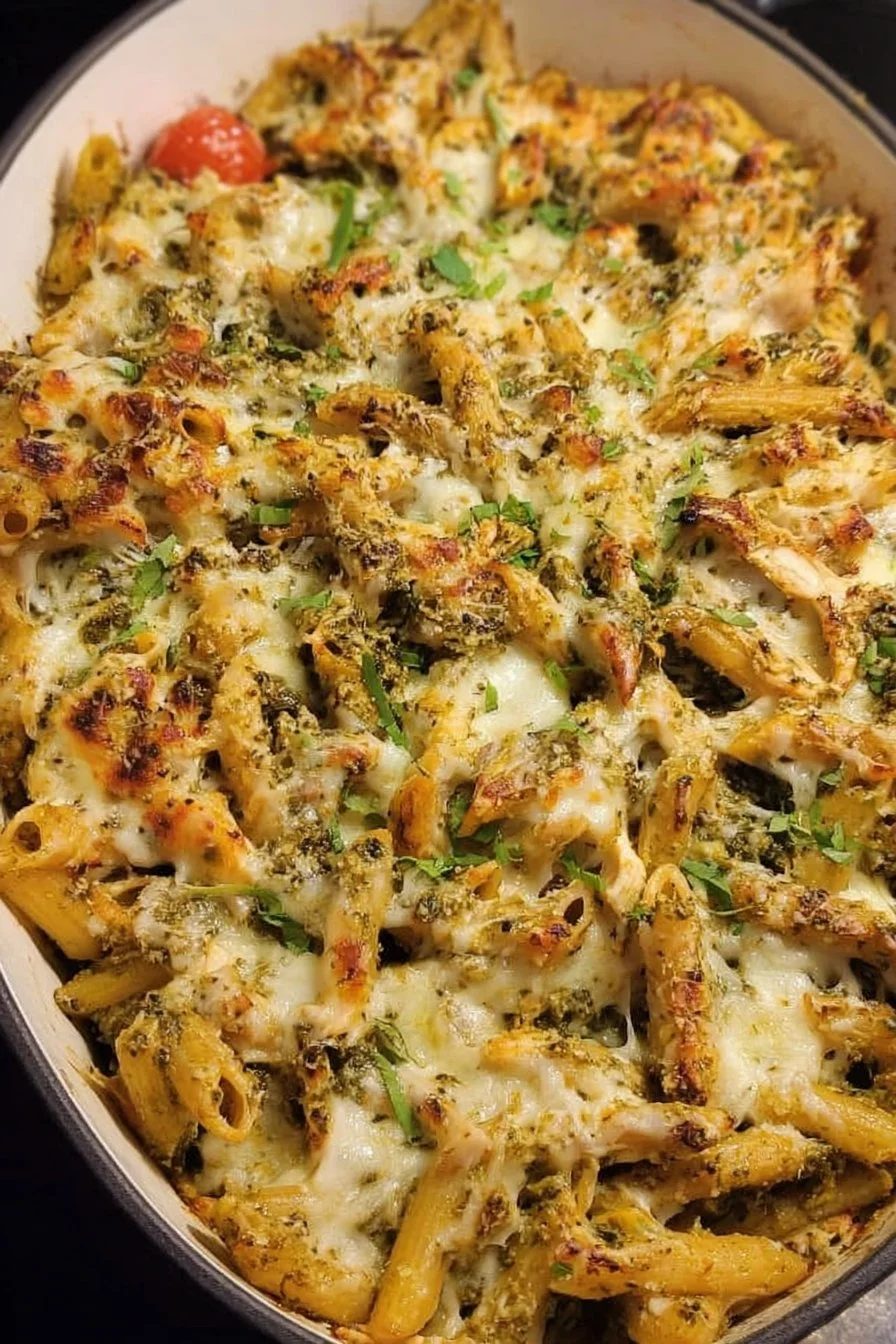 Delicious Chicken Pesto Pasta Bake topped with cheese and fresh herbs
