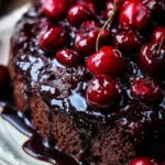 Delicious Chocolate Cherry Cake upside down recipe displayed on a plate