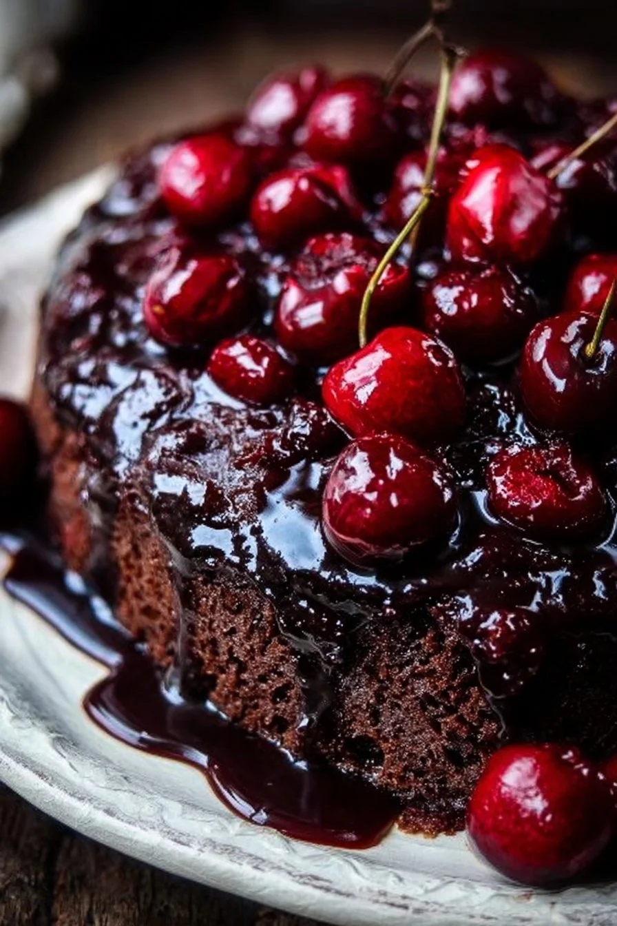 Delicious Chocolate Cherry Cake upside down recipe displayed on a plate