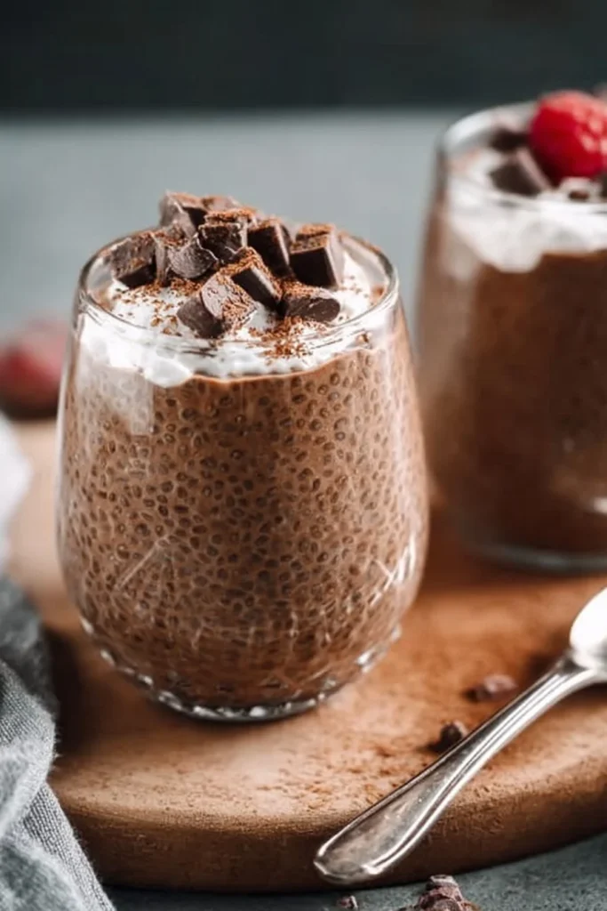 Delicious chocolate chia seed pudding topped with fresh berries