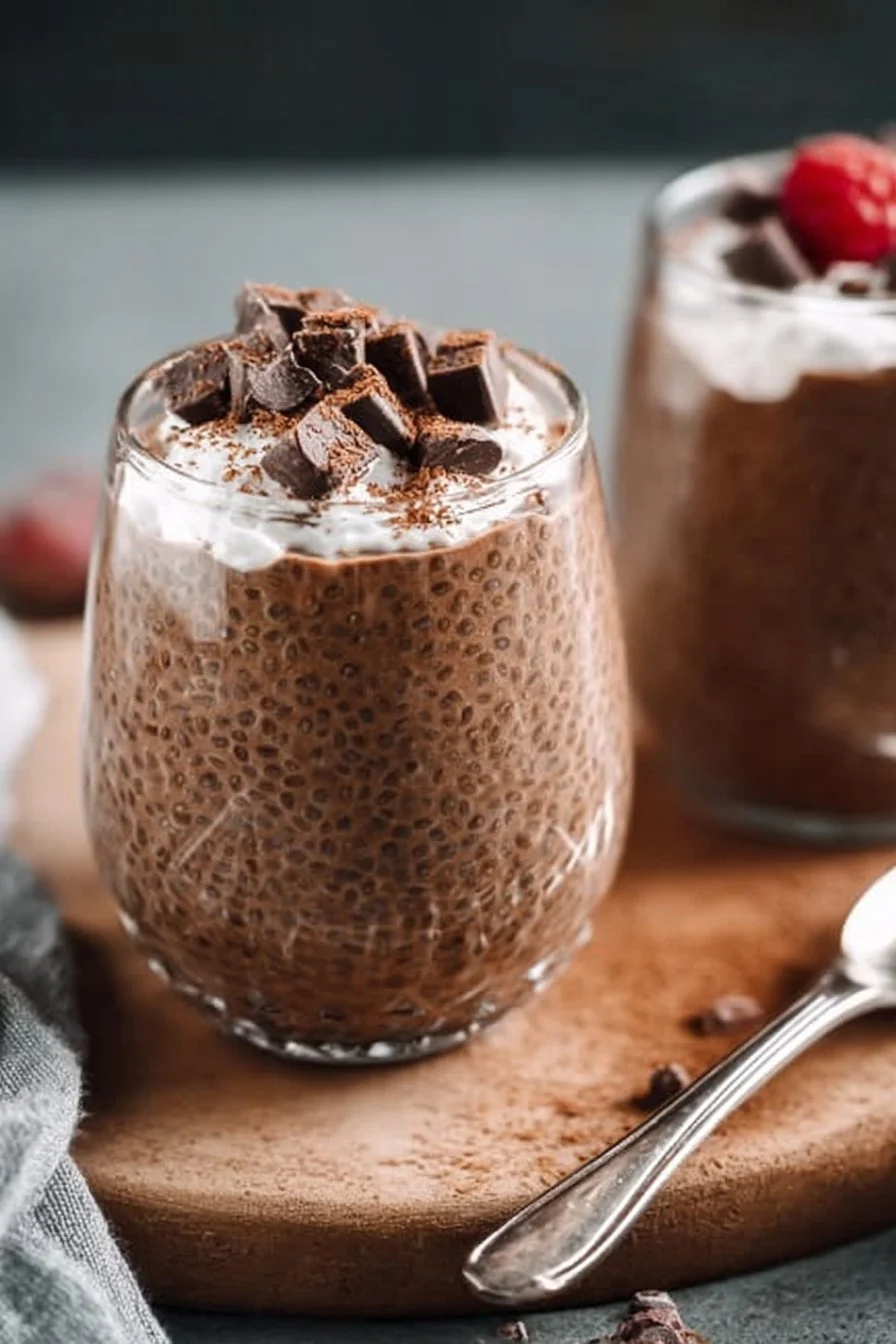 Delicious chocolate chia seed pudding topped with fresh berries