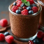 Creamy chocolate chia seed pudding topped with fresh berries and nuts
