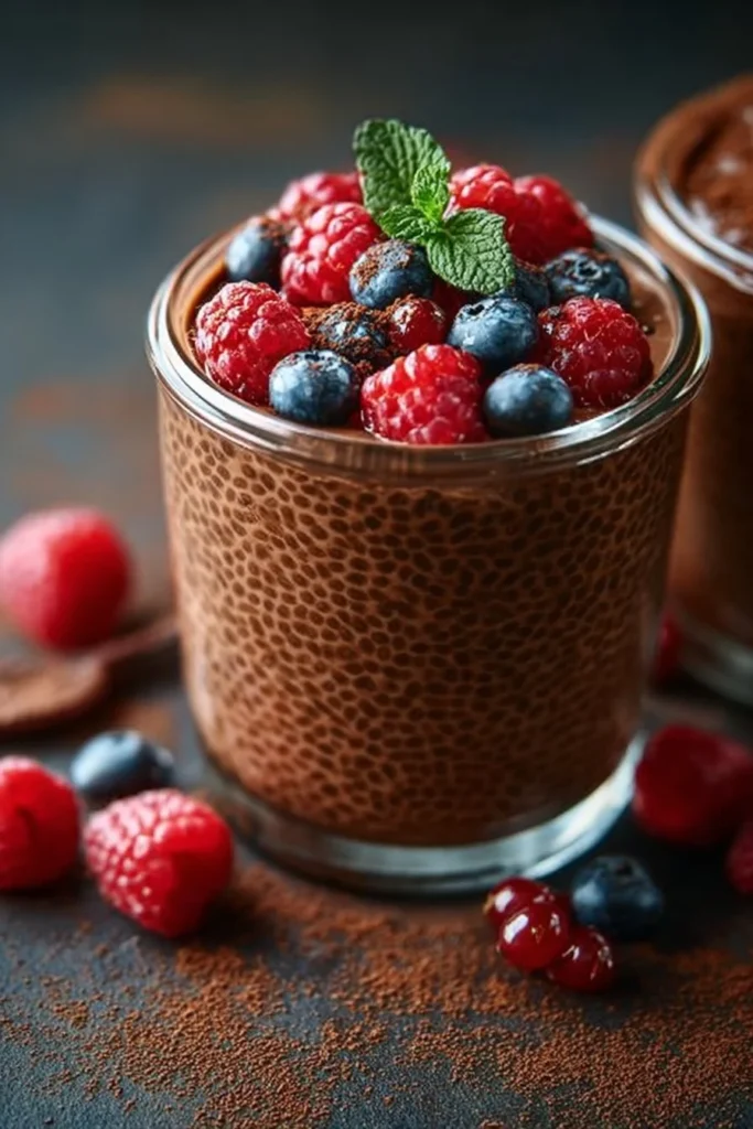 Creamy chocolate chia seed pudding topped with fresh berries and nuts