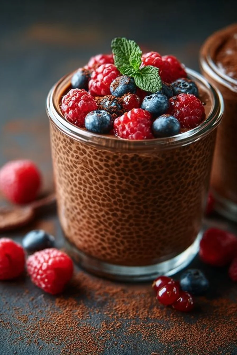 Creamy chocolate chia seed pudding topped with fresh berries and nuts