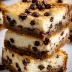 Chocolate chip cheesecake bars with a rich and creamy topping.