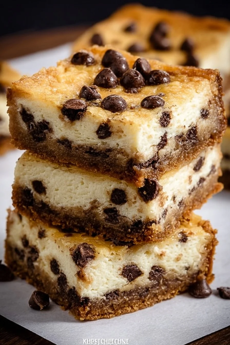 Chocolate chip cheesecake bars with a rich and creamy topping.