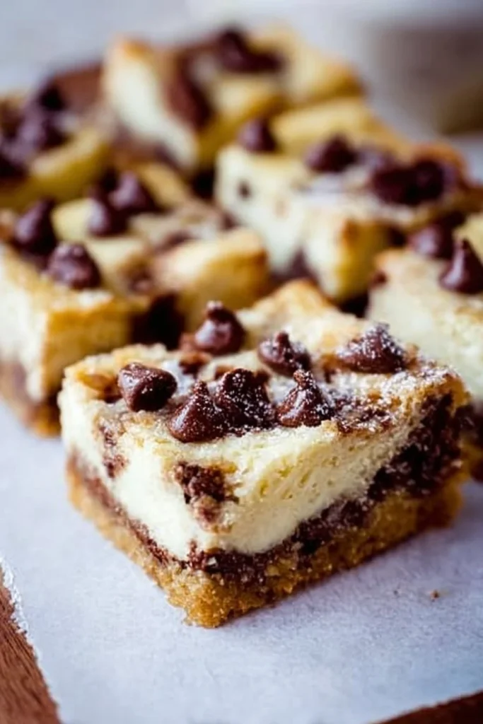Delicious Chocolate Chip Cheesecake Bars with chocolate chips on top