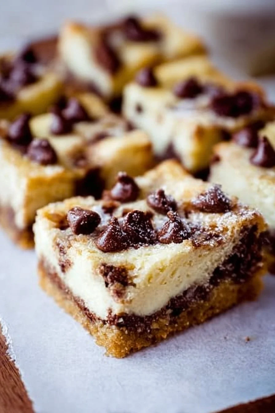 Delicious Chocolate Chip Cheesecake Bars with chocolate chips on top