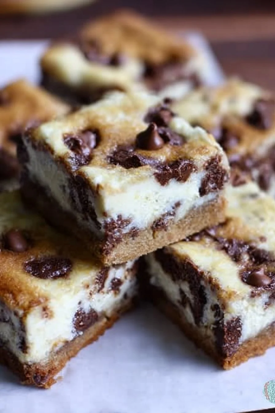 Delicious Chocolate Chip Cookie Cheesecake Bars served on a plate